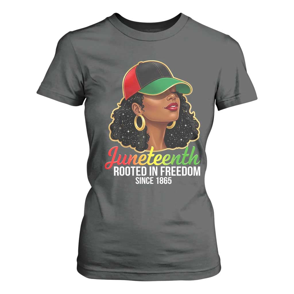 Black Woman Juneteenth Graphic T Shirt For Women Rooted In Freedom Since 1865 TS12 Dark Heather Print Your Wear