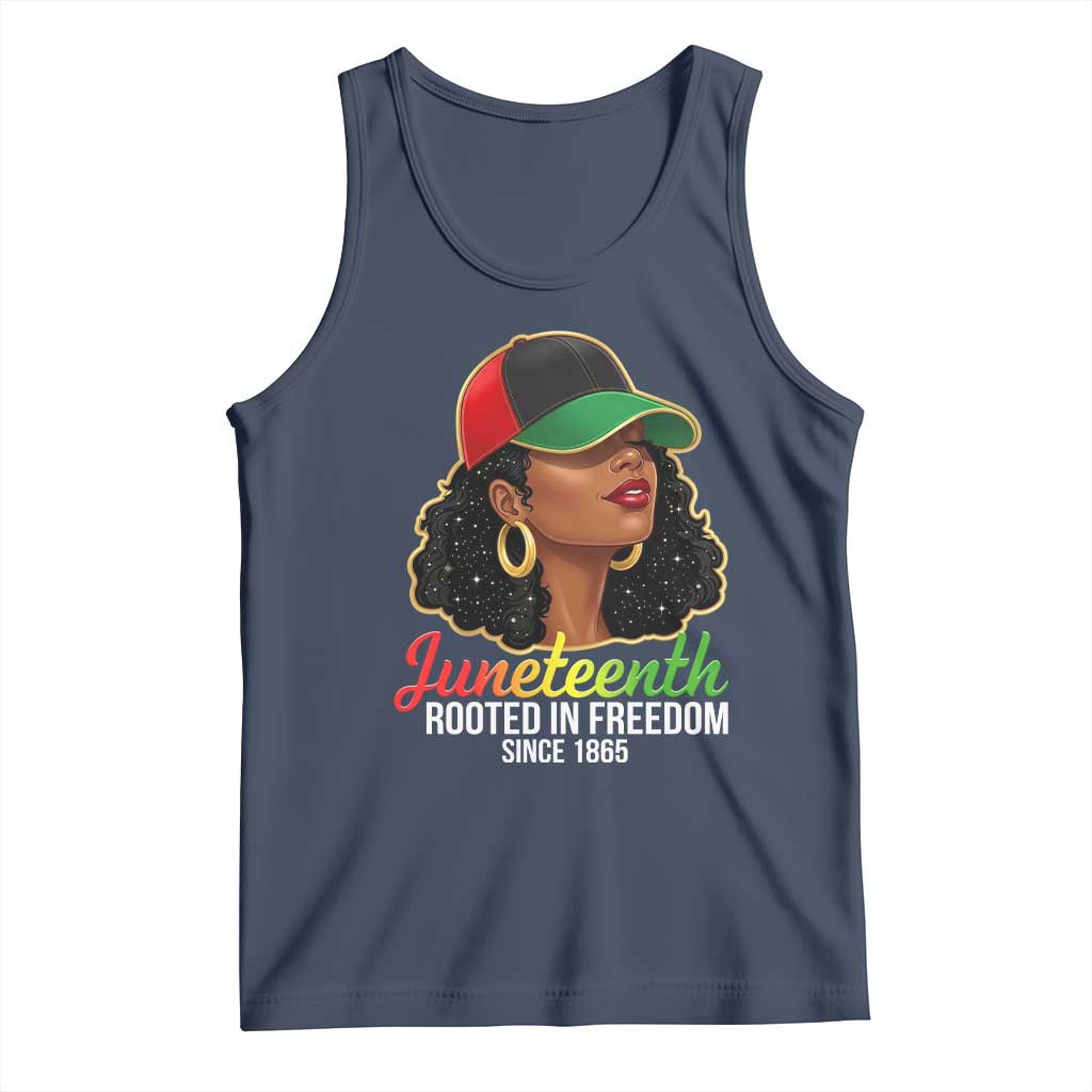 Black Woman Juneteenth Graphic Tank Top Rooted In Freedom Since 1865 TS12 Navy Print Your Wear