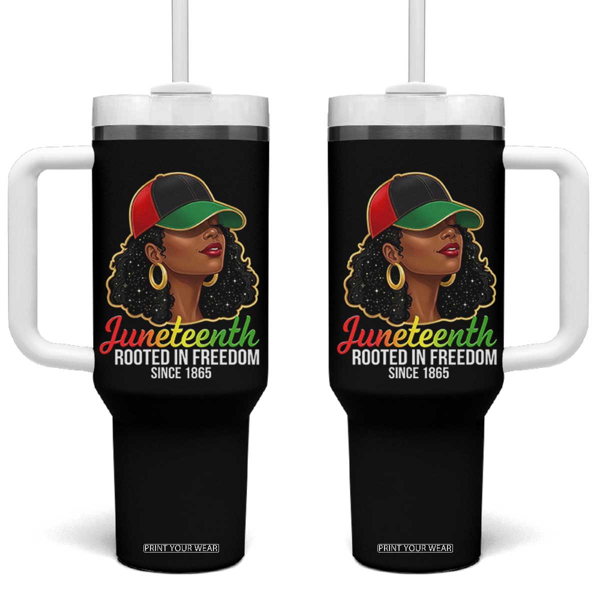 Black Woman Juneteenth Graphic Tumbler With Handle Rooted In Freedom Since 1865 TS12 One Size: 40 oz Black Print Your Wear