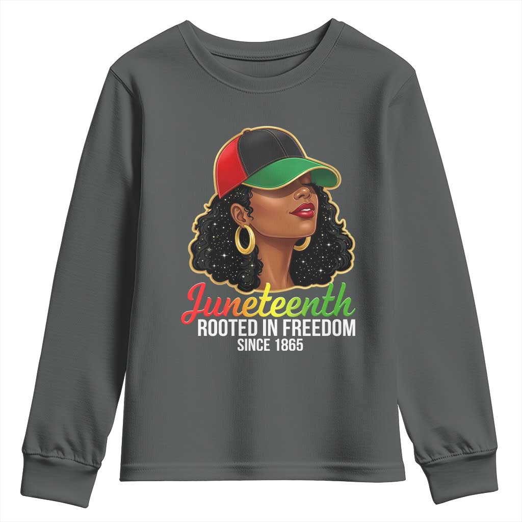 Black Woman Juneteenth Graphic Youth Sweatshirt Rooted In Freedom Since 1865 TS12 Dark Heather Print Your Wear