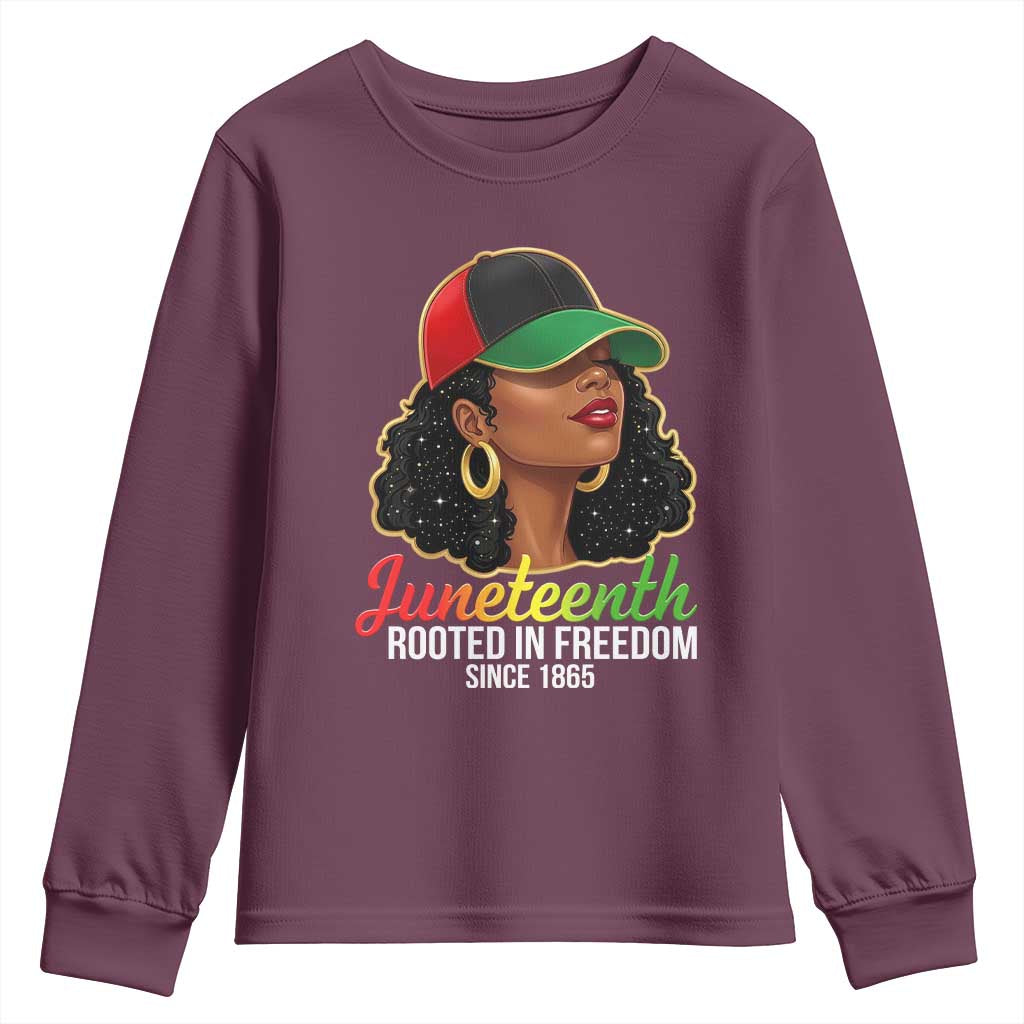Black Woman Juneteenth Graphic Youth Sweatshirt Rooted In Freedom Since 1865 TS12 Maroon Print Your Wear
