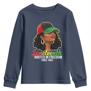 Black Woman Juneteenth Graphic Youth Sweatshirt Rooted In Freedom Since 1865 TS12 Navy Print Your Wear