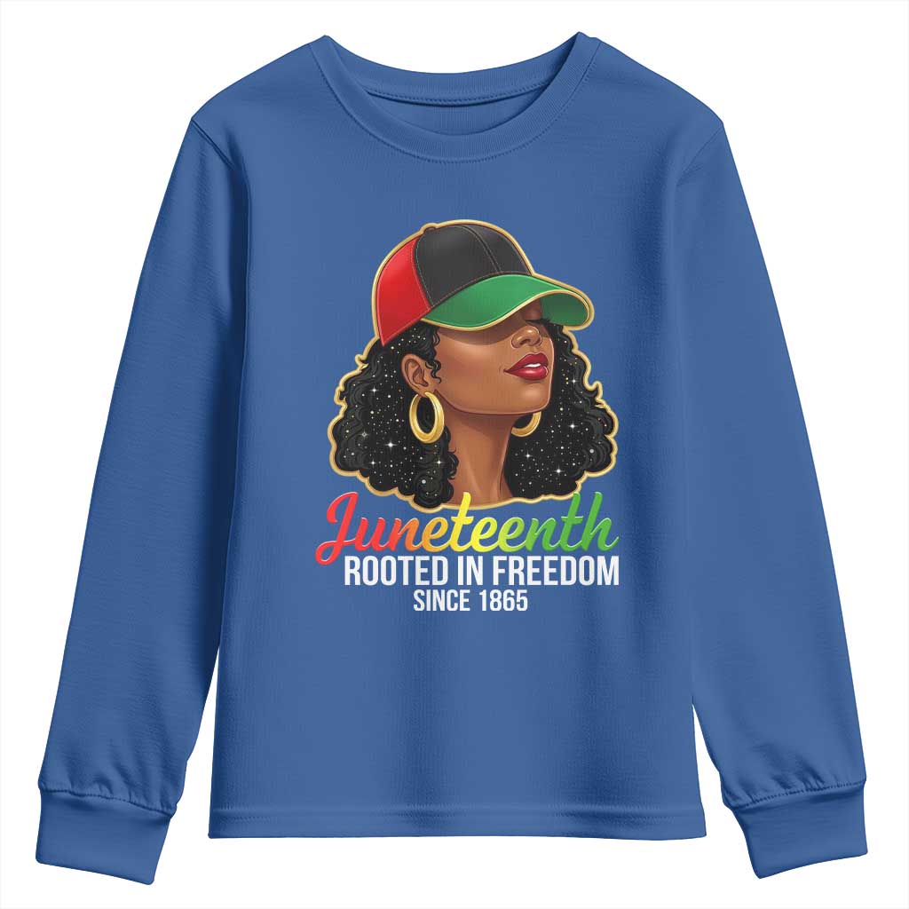 Black Woman Juneteenth Graphic Youth Sweatshirt Rooted In Freedom Since 1865 TS12 Royal Blue Print Your Wear