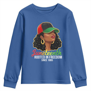 Black Woman Juneteenth Graphic Youth Sweatshirt Rooted In Freedom Since 1865 TS12 Royal Blue Print Your Wear