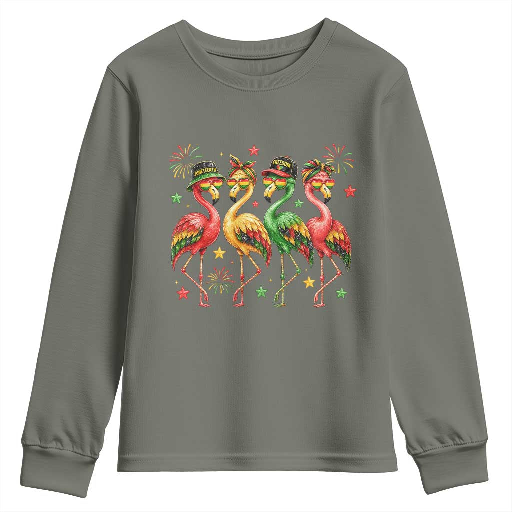 Funny Juneteenth Flamingos Squad Youth Sweatshirt African American Heritage TS12 Military Green Print Your Wear