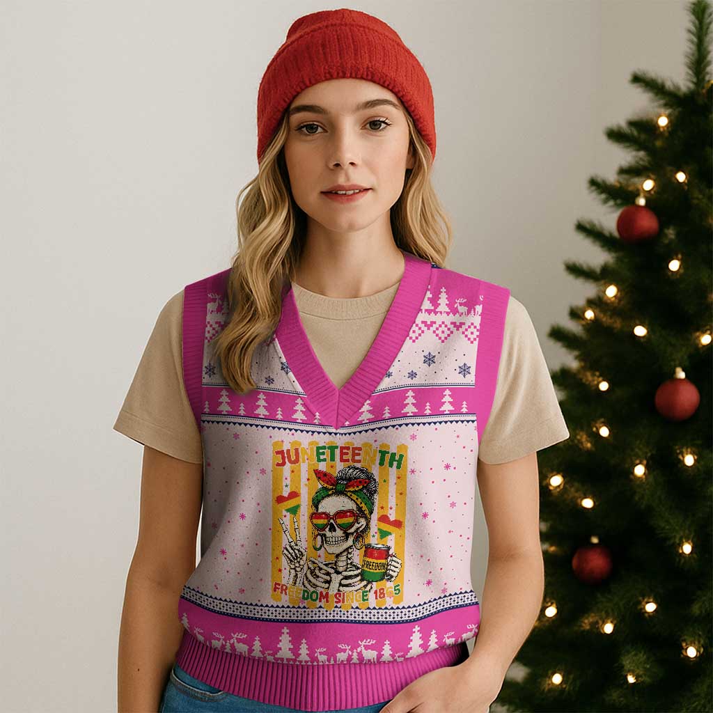 Skeleton Juneteenth Freedom V-Neck Knit Sweater Vest African American Pride Gift TS12 Hot Pink Print Your Wear