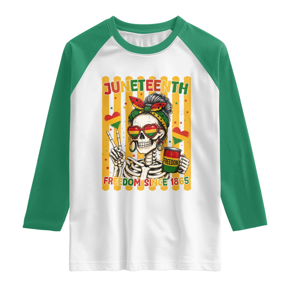 Skeleton Juneteenth Freedom Raglan Shirt African American Pride Gift TS12 White Kelly Green Print Your Wear