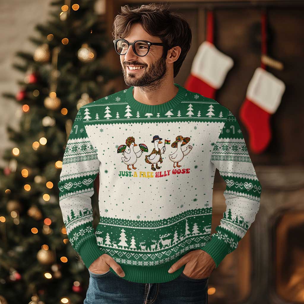 Funny Just A Free Silly Goose Ugly Christmas Sweater Juneteenth Freedom Day