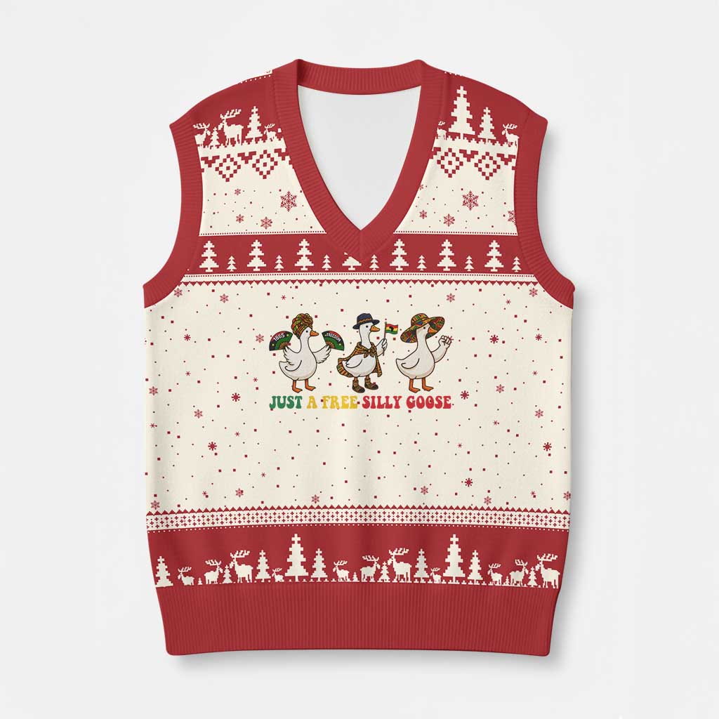 Funny Just A Free Silly Goose V-Neck Knit Sweater Vest Juneteenth Freedom Day TS12 Beige Red Print Your Wear