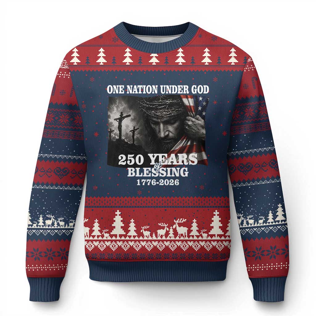 One Nation Under God 250th Anniversary Ugly Christmas Sweater American Patriotic Faith TS12 Navy Red Print Your Wear