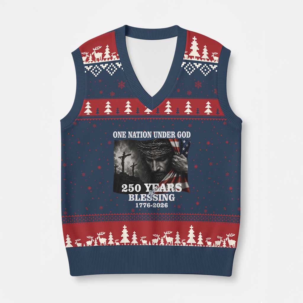 One Nation Under God 250th Anniversary V-Neck Knit Sweater Vest American Patriotic Faith TS12 Navy Red Print Your Wear