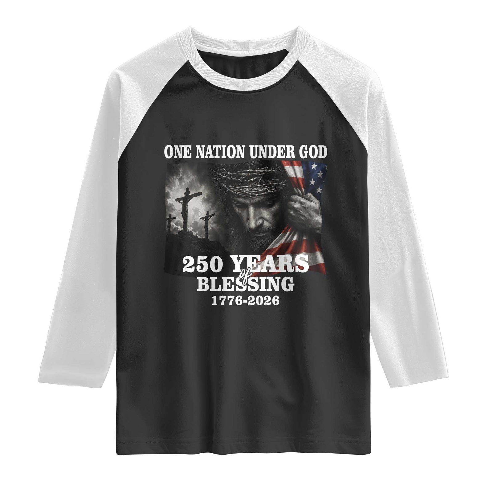 One Nation Under God 250th Anniversary Raglan Shirt American Patriotic Faith TS12 Black White Print Your Wear