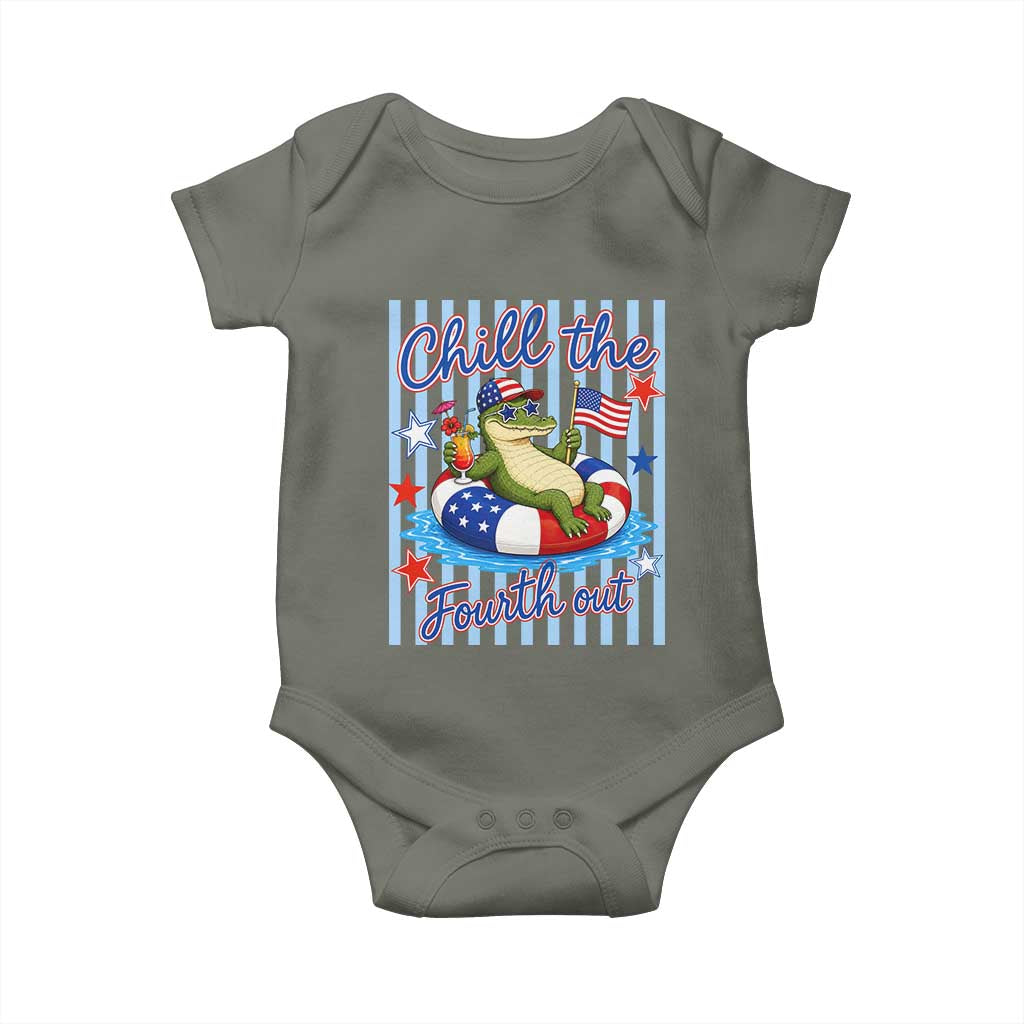 Funny Patriotic Alligator Baby Onesie Chill The Fourth Out TS12 Military Green Print Your Wear