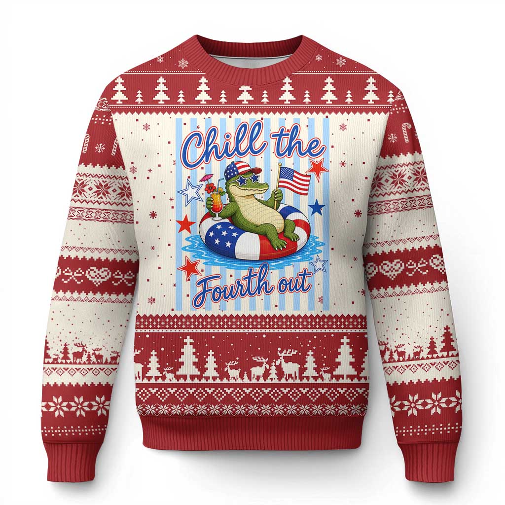 Funny Patriotic Alligator Ugly Christmas Sweater Chill The Fourth Out TS12 Beige Red Print Your Wear