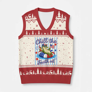 Funny Patriotic Alligator V-Neck Knit Sweater Vest Chill The Fourth Out TS12 Beige Red Print Your Wear