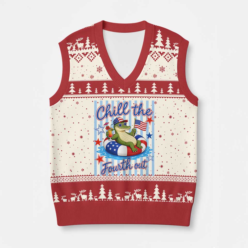Funny Patriotic Alligator V-Neck Knit Sweater Vest Chill The Fourth Out TS12 Beige Red Print Your Wear