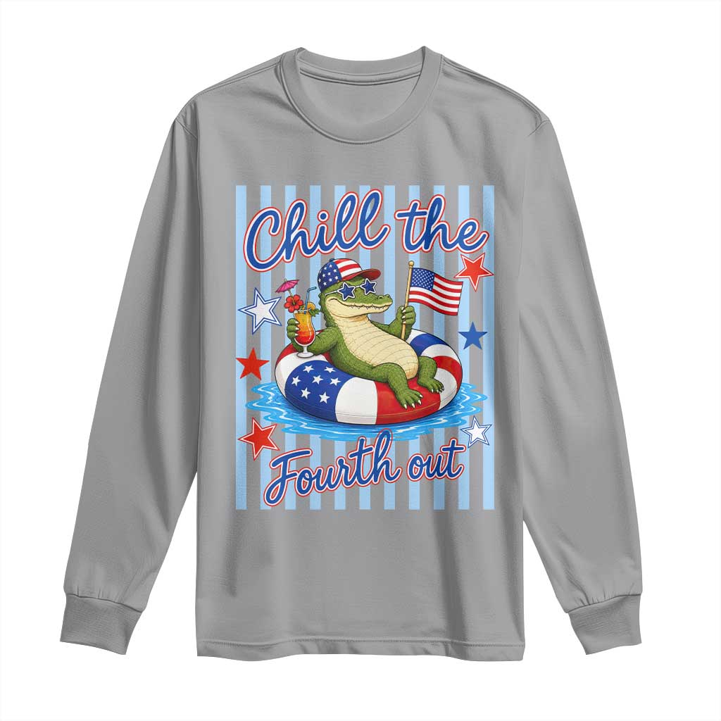 Funny Patriotic Alligator Long Sleeve Shirt Chill The Fourth Out