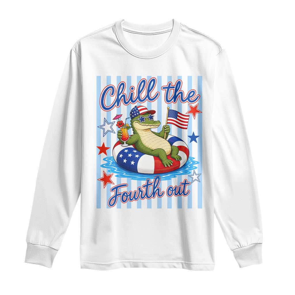 Funny Patriotic Alligator Long Sleeve Shirt Chill The Fourth Out TS12 White Print Your Wear