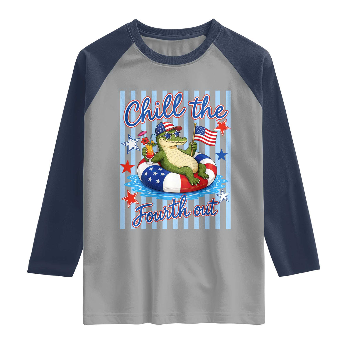 Funny Patriotic Alligator Raglan Shirt Chill The Fourth Out TS12 Sport Gray Navy Print Your Wear