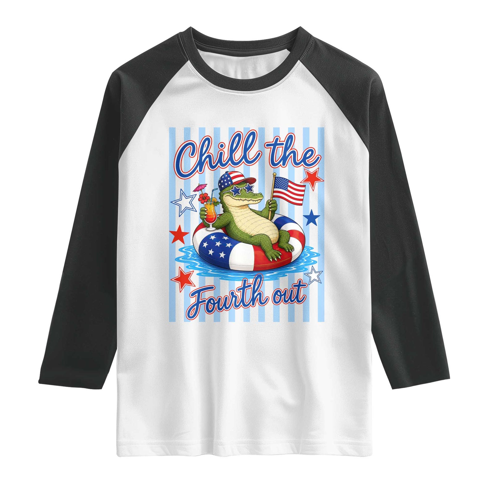Funny Patriotic Alligator Raglan Shirt Chill The Fourth Out TS12 White Black Print Your Wear