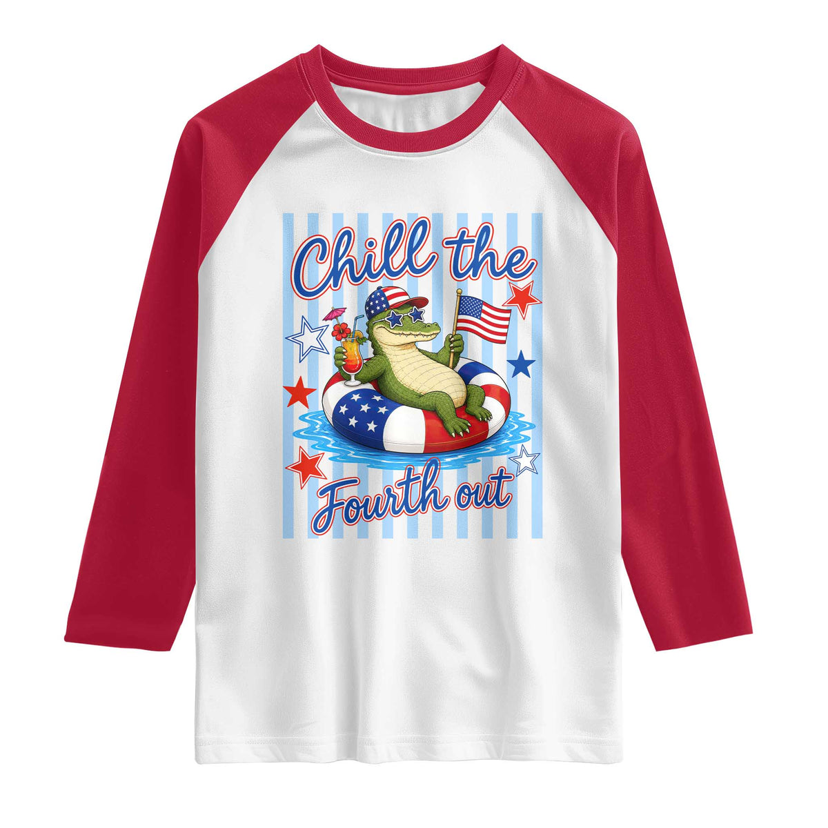 Funny Patriotic Alligator Raglan Shirt Chill The Fourth Out TS12 White Red Print Your Wear