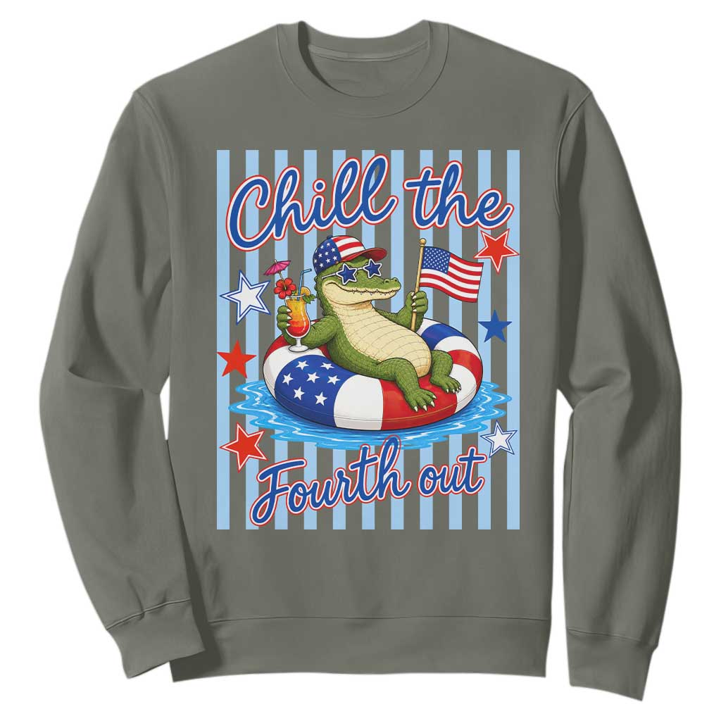 Funny Patriotic Alligator Sweatshirt Chill The Fourth Out TS12 Military Green Print Your Wear