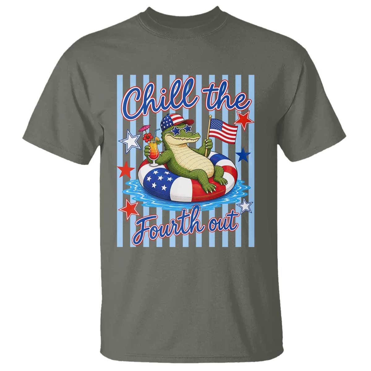 Funny Patriotic Alligator T Shirt Chill The Fourth Out TS12 Military Green Print Your Wear