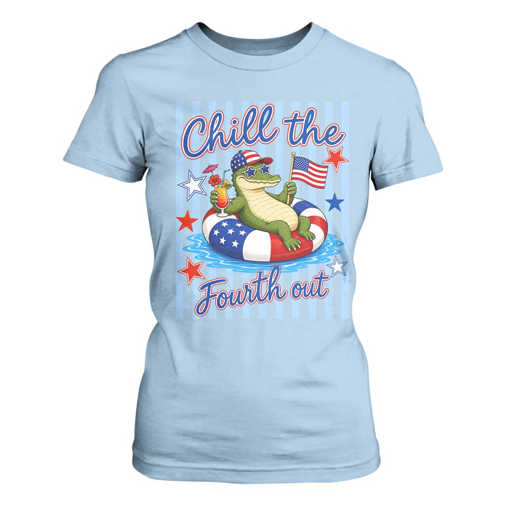 Funny Patriotic Alligator T Shirt For Women Chill The Fourth Out TS12 Light Blue Print Your Wear