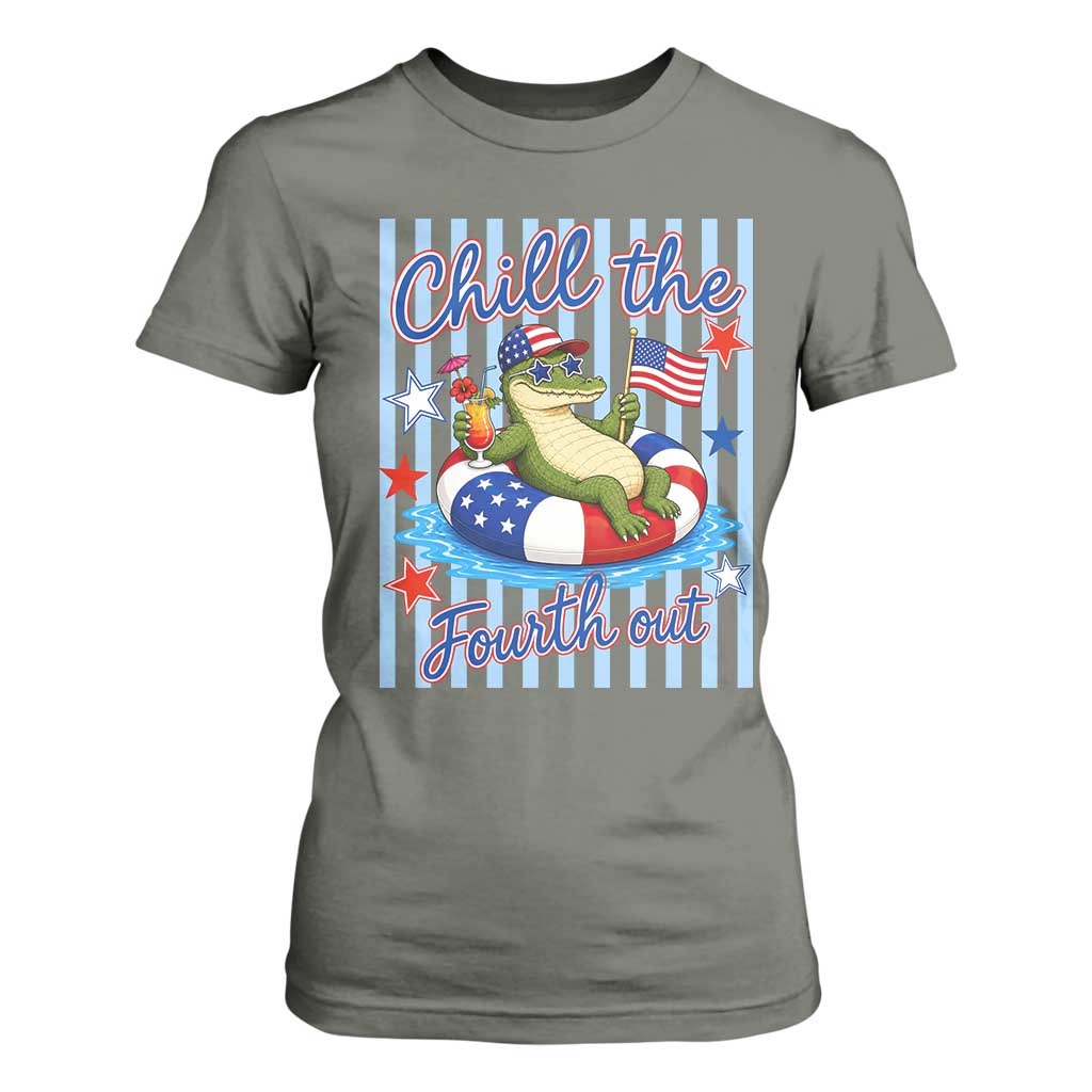 Funny Patriotic Alligator T Shirt For Women Chill The Fourth Out TS12 Military Green Print Your Wear