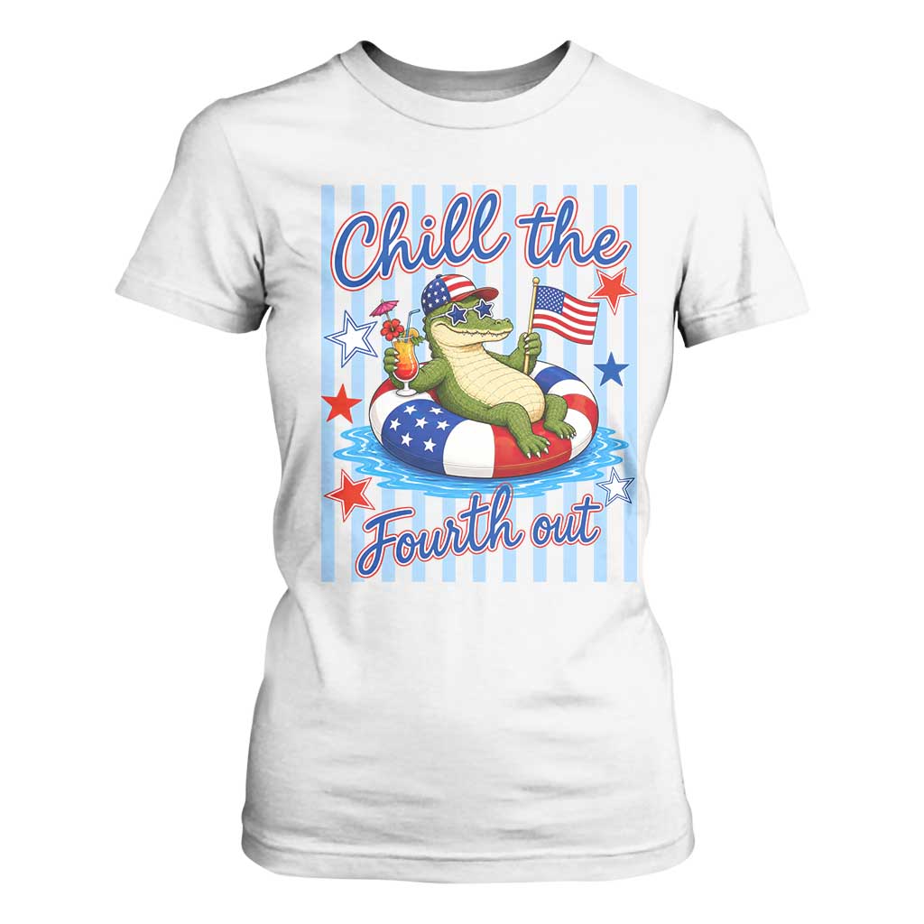Funny Patriotic Alligator T Shirt For Women Chill The Fourth Out TS12 White Print Your Wear