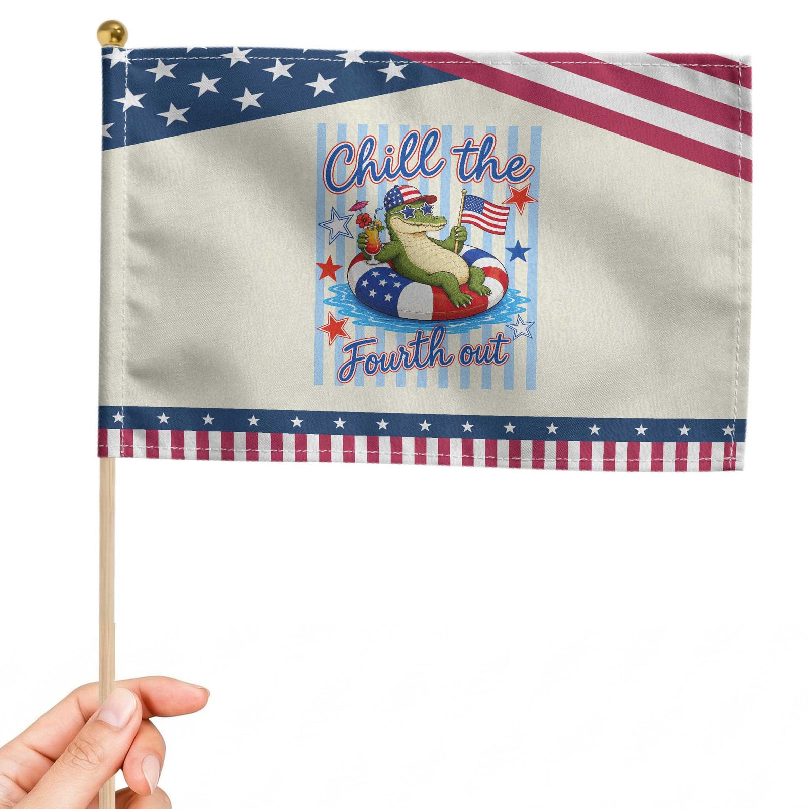Funny Alligator Patriotic Handheld Flag Chill The Fourth Out TS12 Modern 8.2