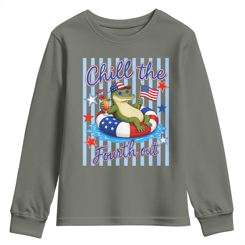 Funny Patriotic Alligator Youth Sweatshirt Chill The Fourth Out TS12 Military Green Print Your Wear