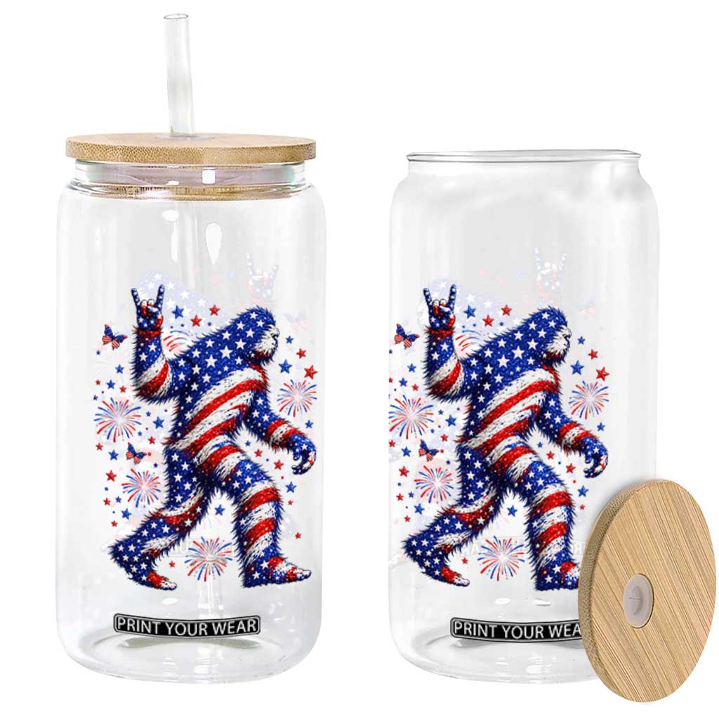 Funny Patriotic Bigfoot Glass Can 4th Of July Freedom