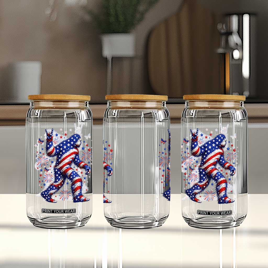 Funny Patriotic Bigfoot Glass Can 4th Of July Freedom