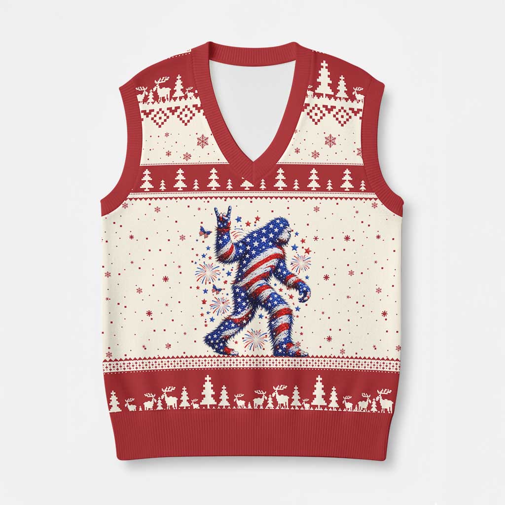 Funny Patriotic Bigfoot V-Neck Knit Sweater Vest 4th Of July Freedom