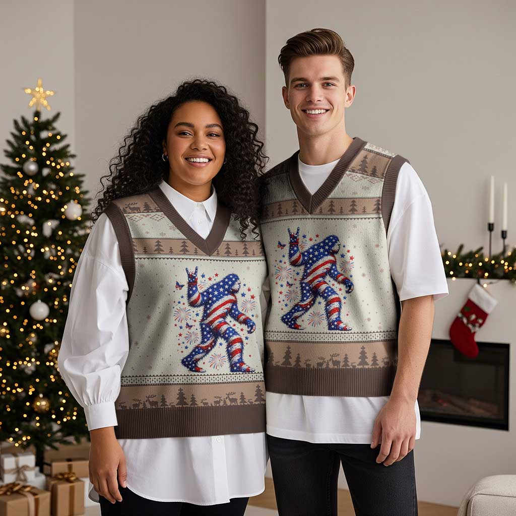 Funny Patriotic Bigfoot V-Neck Knit Sweater Vest 4th Of July Freedom
