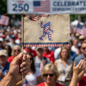 Funny Bigfoot Patriotic Handheld Flag 4th Of July Freedom TS12 Vintage 8.2" × 5.5" Rustic Tan Navy Print Your Wear