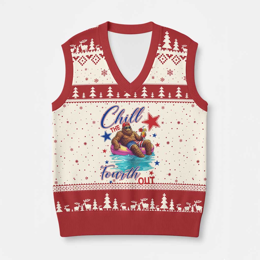Funny Bigfoot 4th Of July V-Neck Knit Sweater Vest Chill The Fourth Out TS12 Beige Red Print Your Wear