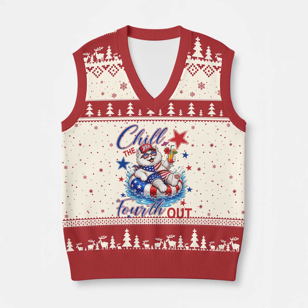 Funny Patriotic Persian Cat V-Neck Knit Sweater Vest Chill The Fourth Out TS12 Beige Red Print Your Wear