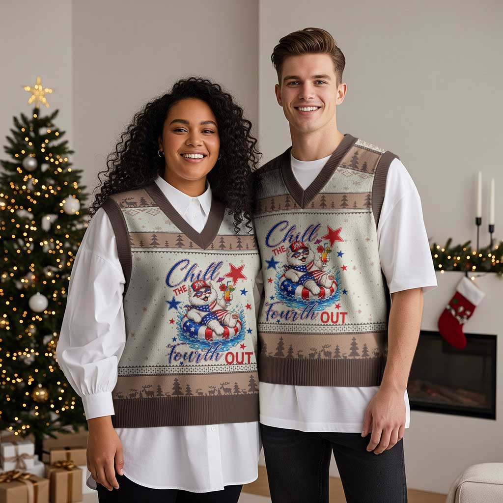 Funny Patriotic Persian Cat V-Neck Knit Sweater Vest Chill The Fourth Out TS12 Mocha Mousse Print Your Wear