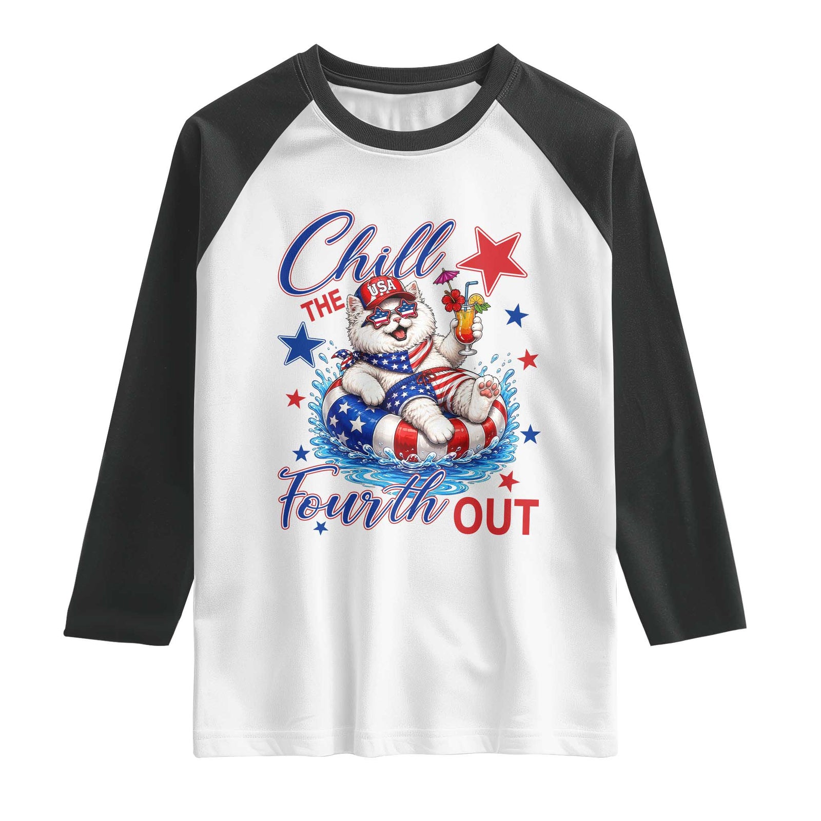 Funny Patriotic Persian Cat Raglan Shirt Chill The Fourth Out TS12 White Black Print Your Wear