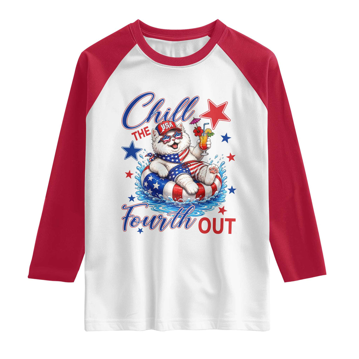 Funny Patriotic Persian Cat Raglan Shirt Chill The Fourth Out TS12 White Red Print Your Wear