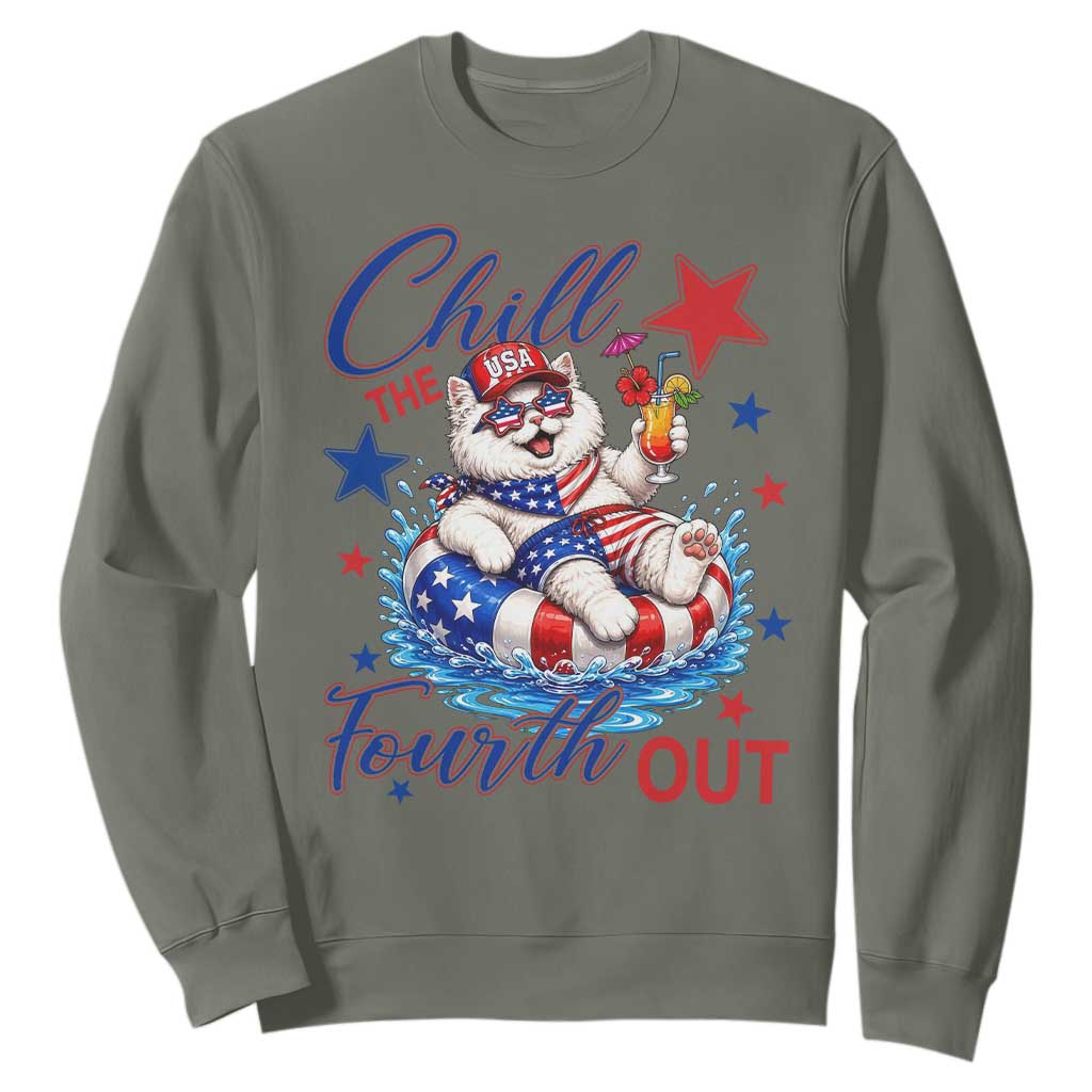 Funny Patriotic Persian Cat Sweatshirt Chill The Fourth Out TS12 Military Green Print Your Wear