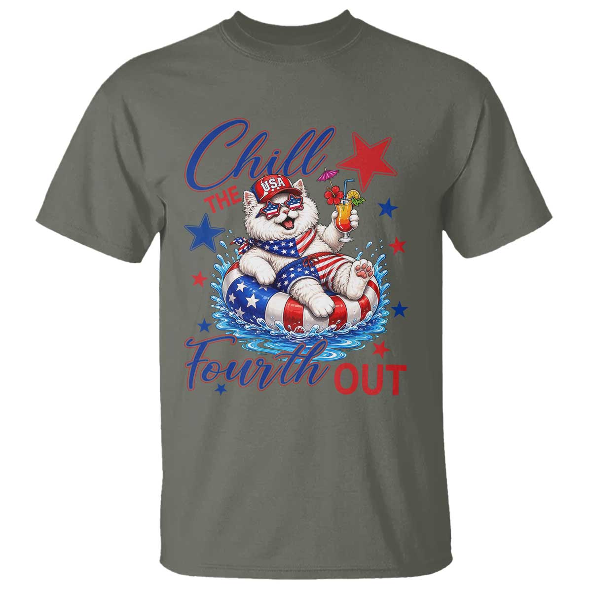 Funny Patriotic Persian Cat T Shirt Chill The Fourth Out TS12 Military Green Print Your Wear
