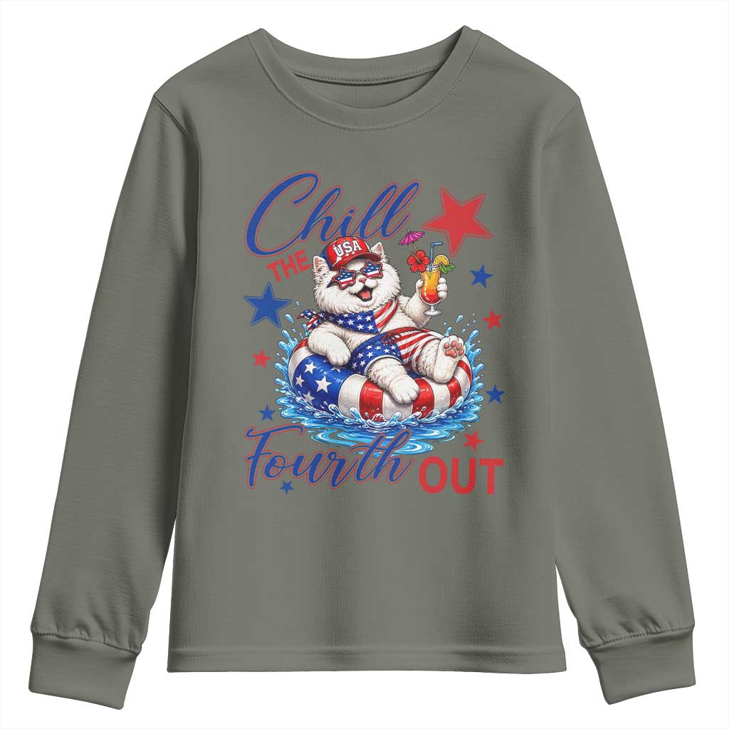 Funny Patriotic Persian Cat Youth Sweatshirt Chill The Fourth Out TS12 Military Green Print Your Wear