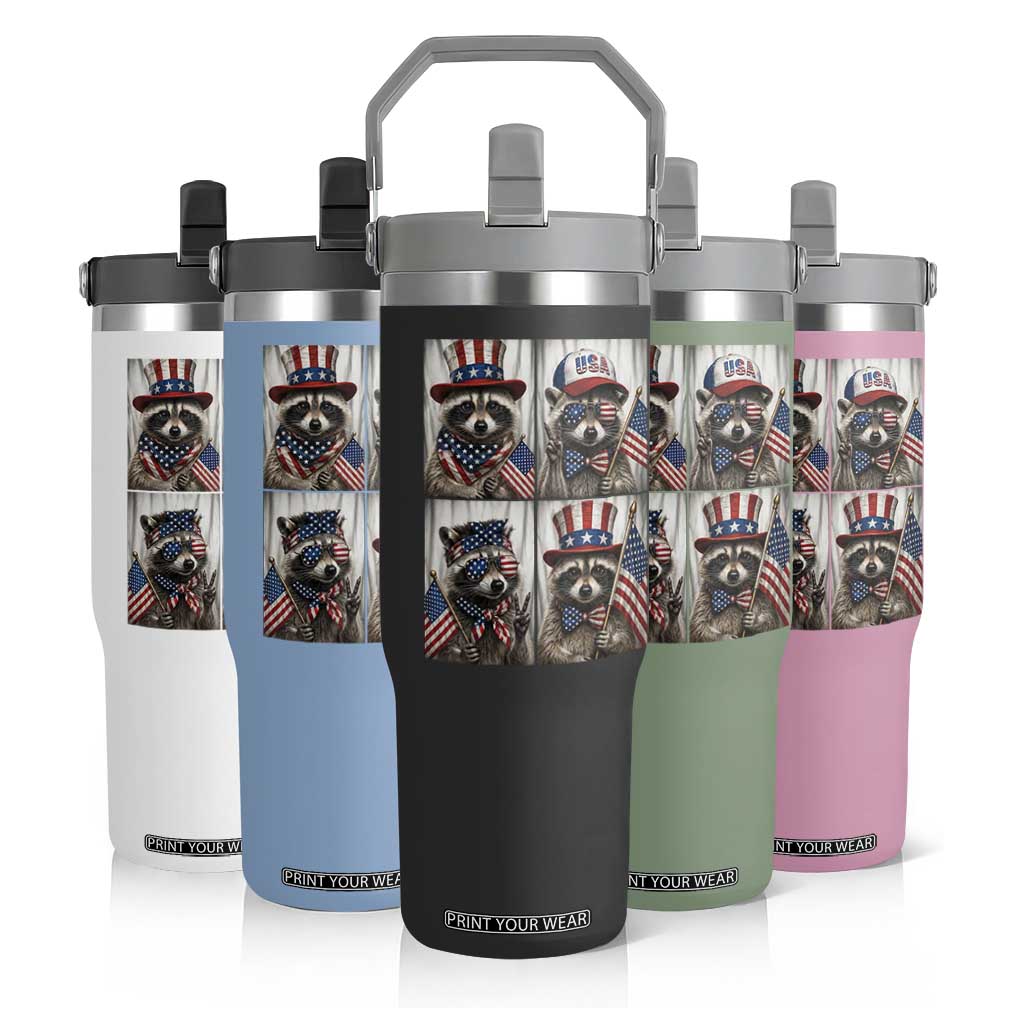 Funny Patriotic Raccoon Selfie Flip Straw Tumbler USA Flag Red White And Blue Graphic TS12 Print Your Wear