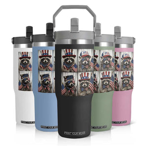 Funny Patriotic Raccoon Selfie Flip Straw Tumbler USA Flag Red White And Blue Graphic TS12 Print Your Wear