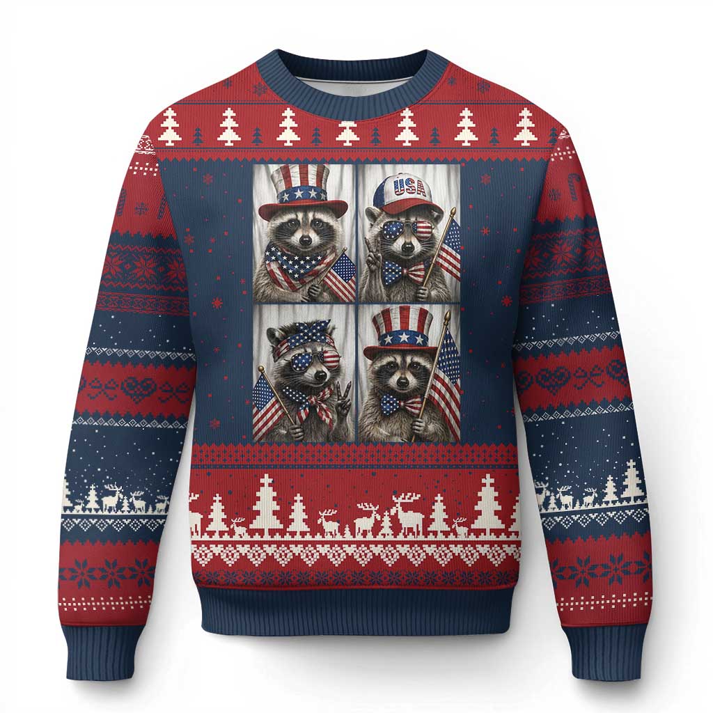 Funny Patriotic Raccoon Selfie Ugly Christmas Sweater USA Flag Red White And Blue Graphic