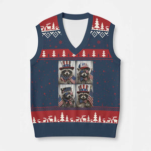 Funny Patriotic Raccoon Selfie V-Neck Knit Sweater Vest USA Flag Red White And Blue Graphic TS12 Navy Red Print Your Wear