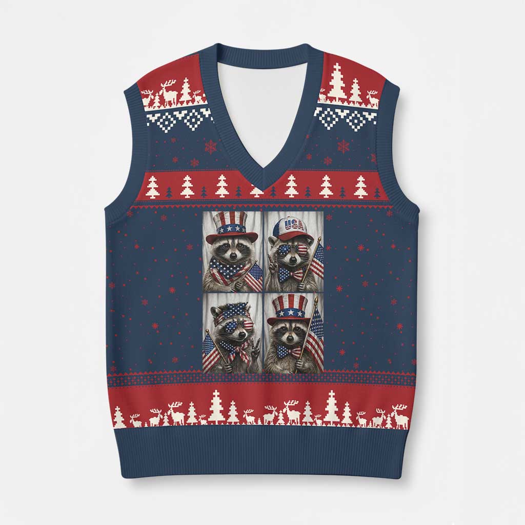 Funny Patriotic Raccoon Selfie V-Neck Knit Sweater Vest USA Flag Red White And Blue Graphic TS12 Navy Red Print Your Wear